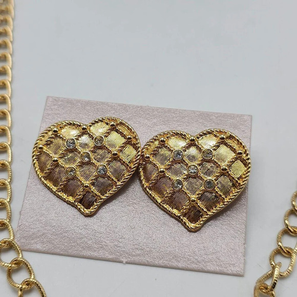 Avon 1987 Clear Rhinestone Quilted Fashion Heart Necklace 28" Earring Set - Picture 3 of 10